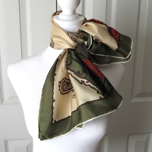 J. D'ORMONT Paris France Vintage Scarf Green Red Tan Elegant Designer - Picture 1 of 8